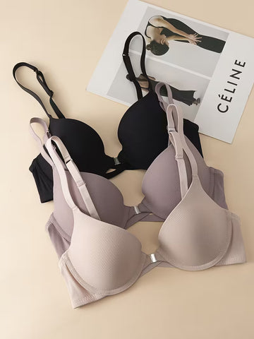 Back Front-Closure Bra, Sexy Solid Color Ribbed Underwear, Lift-Up Anti-Sagging Design
