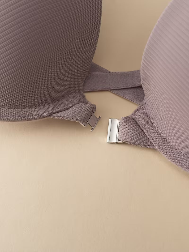 Back Front-Closure Bra, Sexy Solid Color Ribbed Underwear, Lift-Up Anti-Sagging Design