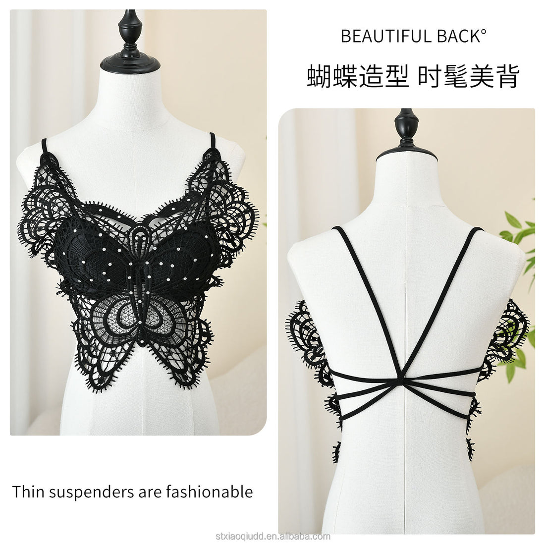 New Water-Soluble Flower Rhinestone Embroidery Thin Strap Sexy Butterfly Hollow Back Fashion Tube Top Bra for Women
