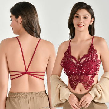 New Water-Soluble Flower Rhinestone Embroidery Thin Strap Sexy Butterfly Hollow Back Fashion Tube Top Bra for Women