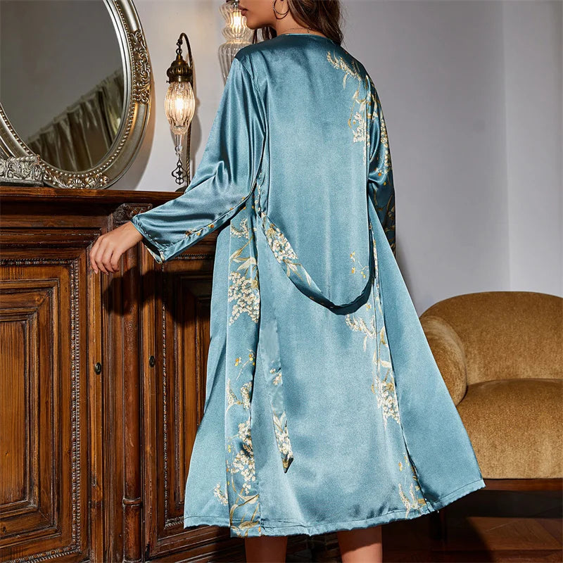 Two-piece Tie Nightgown Set Printed Sleepwear Women Satin Nightgown Sexy Suspender Dress Summer Home Clothes