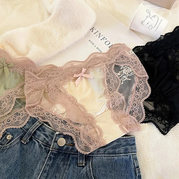 Summer Breathable Translucent Lace Panties Bow Comfortable Satin Underpants Sexy Cotton Crotch Women Briefs Elastic Lace Panties