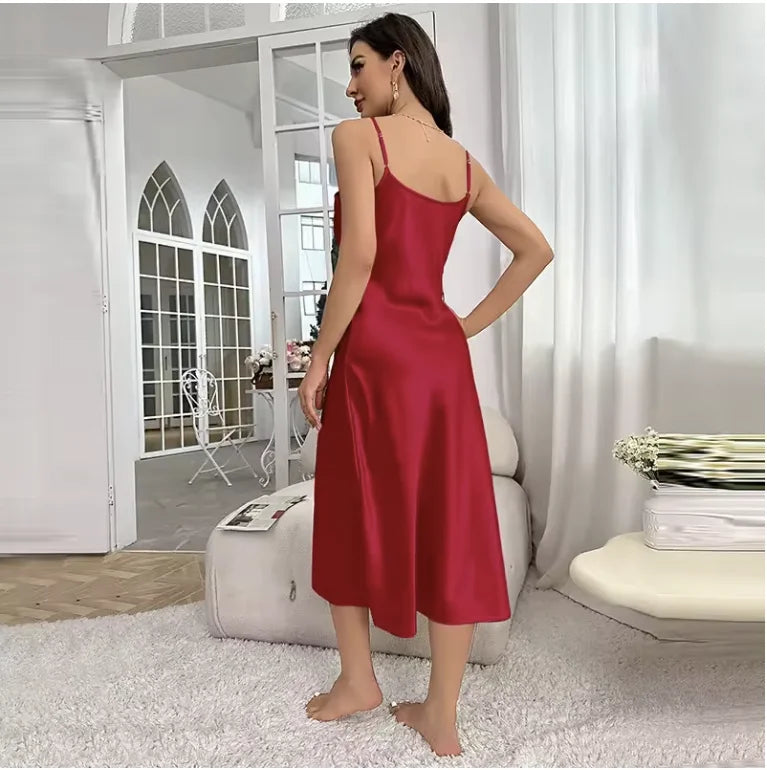 New Sexy Solid Color Long Nightdress Women's Pajamas Ice Silk Sexy Seductive Silk Stain Halter Pajamas Fashion Home Wear