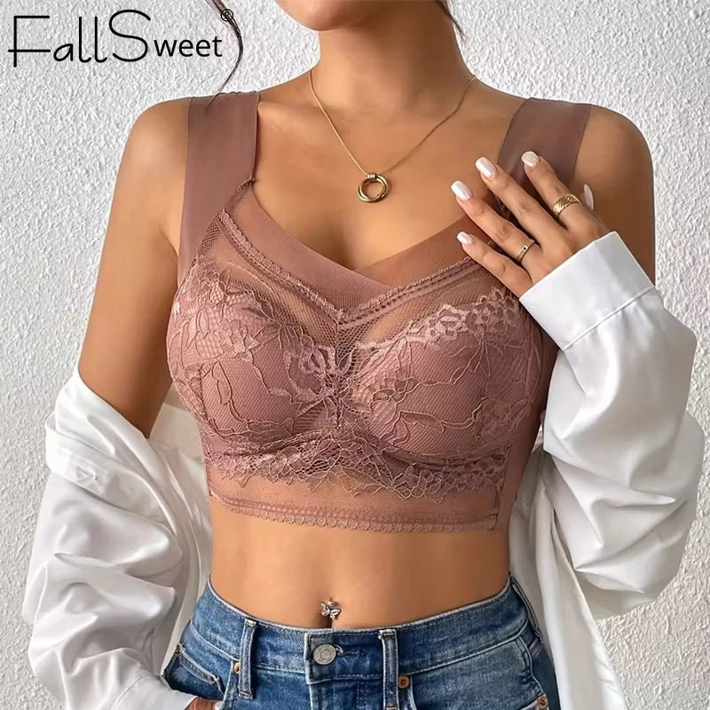 FallSweet Ice Silk Lace Bras for Women Wireless Push Up Bralette Deep V Plus Size  Brassiere Soft Lingerie Mom Underwear
