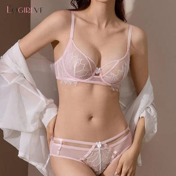 Logirlve Sexy Lace-Cutout Lingerie Set for Women Bow-Tie Design with Push-Up and Side-Support Breathable New Bra Set
