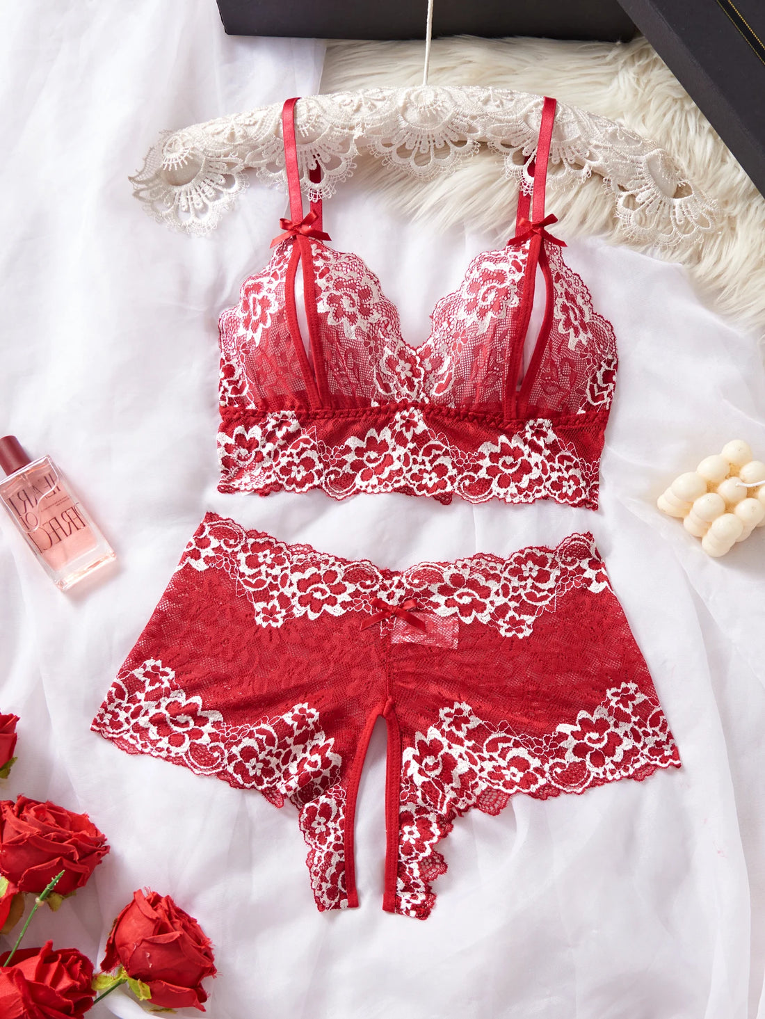 Summer Sexy Hot Women's Lingerie 2pce Open-crotch Pants And Open-tip Bra Vest Adult Underwear Transparent Flower Lace Bras Set
