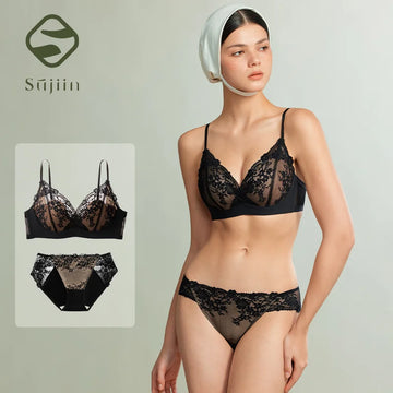 SUJIIN Women's Sexy Lingeries Set  Summer Push Up Wireless Lace Bras Set Women French Anti-sagging Thin Small Breasts Bralettes