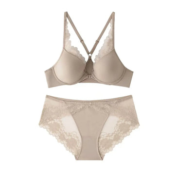 Women's Sexy Lace Bra Set with Underwire, Push-Up, Front Closure, Beautiful Back, Thin Smooth Cup, Y-Shaped Anti-Slip Straps