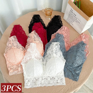 3Pcs/Set Lace Bras For Women V Neck Sexy Lingerie Wire Free Bra Female Comfort Underwear V-Back Bralette Padded Brasserie