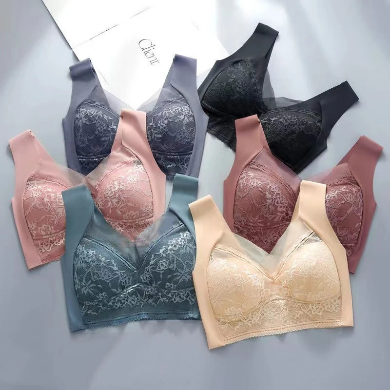 Top High Quality Lace Ladies bra Sexy and Comfortable No Steel Rings Fixed Cups Gathered Small Large Size Bra Thin Section