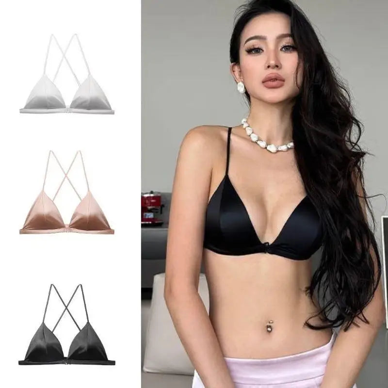 Women's French Style Bra Girl Small Flat Chest Adjustable Shoulder Strap Flat Chest Front Buckle Satin Sexy Underwear Lingerie