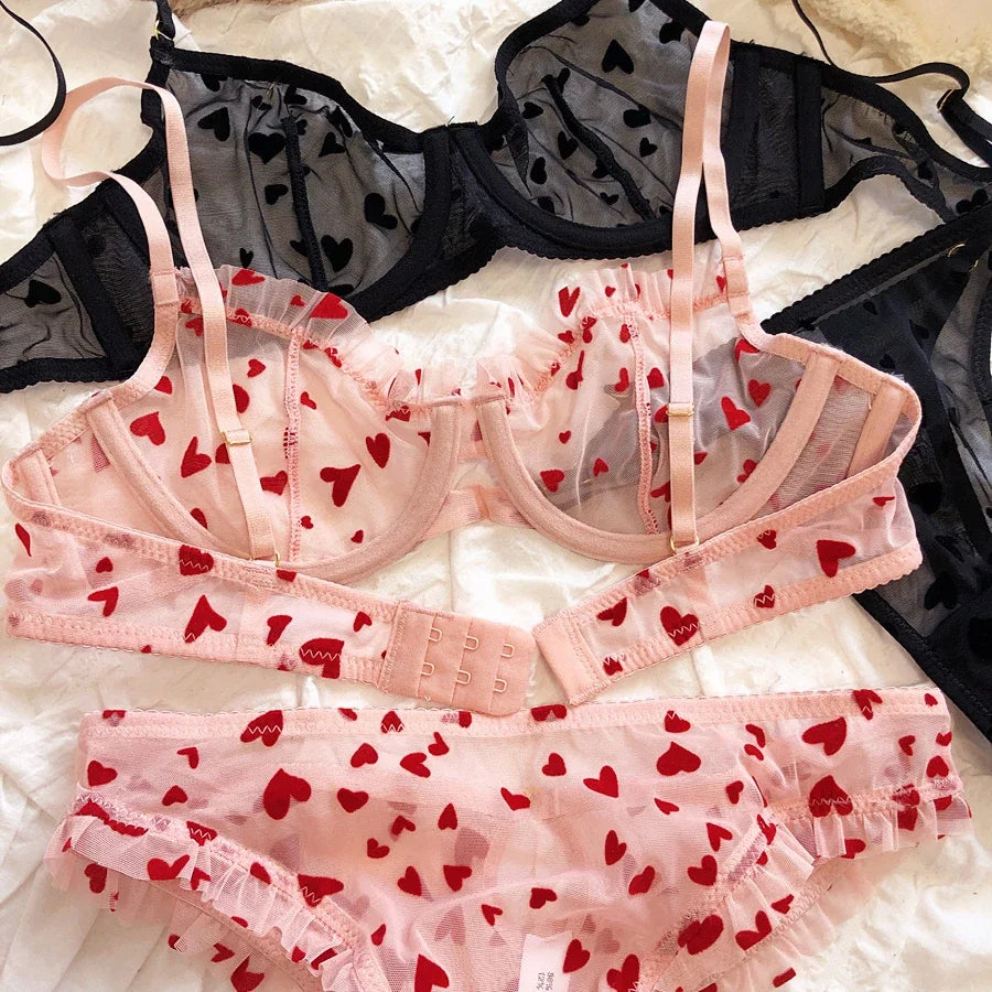 Lingerie Set Sexy Ultra Thin Breathable Brassiere for Women Push Up Bra Set Summer Mesh Romantic Peach Heart Intimates