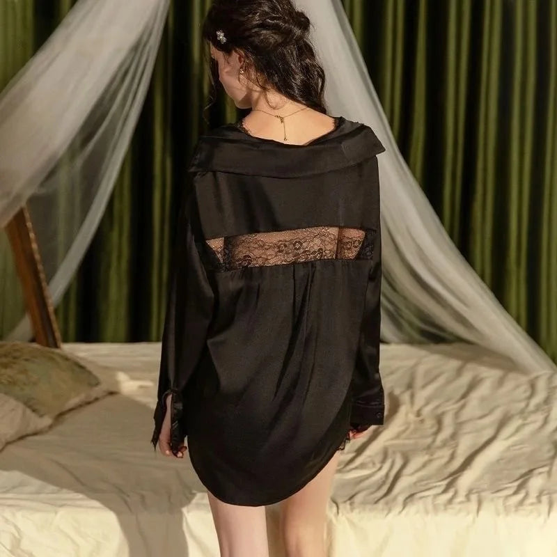 Women's Sexy Lace Ice Silk Shirt Sleepwear Home Suit Set Solid Color Loose Long Sleeved Shorts Home Suit Two-Piece Set