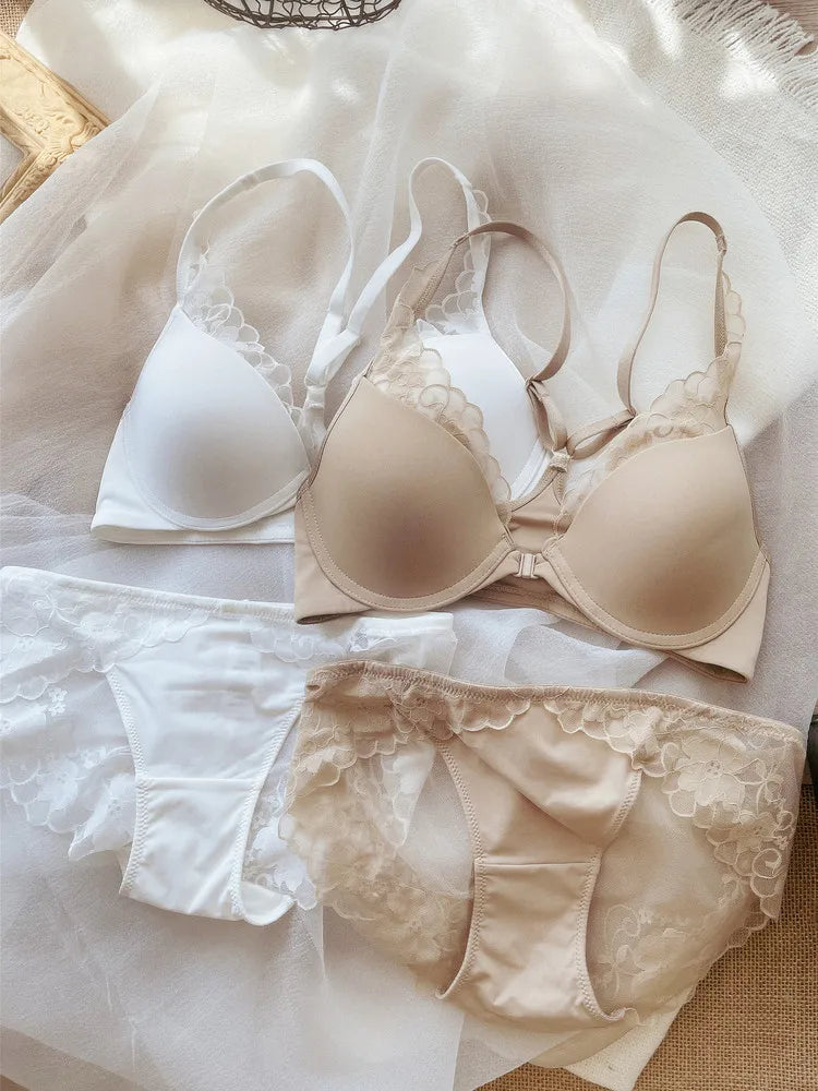 Women's Sexy Lace Bra Set with Underwire, Push-Up, Front Closure, Beautiful Back, Thin Smooth Cup, Y-Shaped Anti-Slip Straps