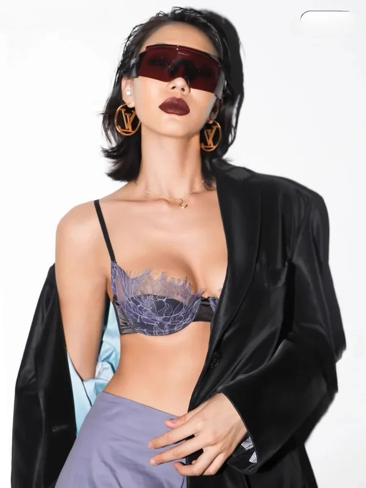 YUQI's French Victorian Sexy Lace Edge Summer Thin Push-Up Bra|Pure Hollow Out Mood Women's Underwear Set|Comfort Fit Breathable