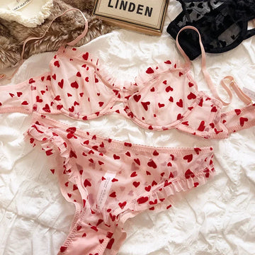Lingerie Set Sexy Ultra Thin Breathable Brassiere for Women Push Up Bra Set Summer Mesh Romantic Peach Heart Intimates