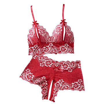 Summer Sexy Hot Women's Lingerie 2pce Open-crotch Pants And Open-tip Bra Vest Adult Underwear Transparent Flower Lace Bras Set