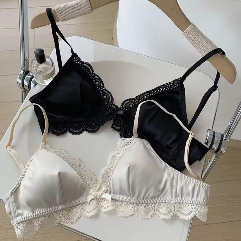 Fashion Triangle Cup Bow Lace Bra for Women Small Chest Satin Underwear Sweet Girl Breathable Comfortable Soft Bra