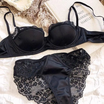 Sexy French Lace Bra Set, Thin Push Up for Small Bust, Soft Underwire Anti-Sagging, Slimming Back, Bralette & Panty Set
