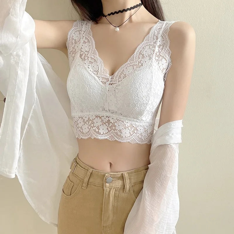 3Pcs/Set Lace Bras For Women V Neck Sexy Lingerie Wire Free Bra Female Comfort Underwear V-Back Bralette Padded Brasserie